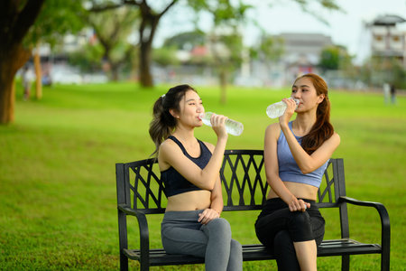 Sporty women sit on a bench and drink water, enjoying a refreshing break after exercise.の写真素材