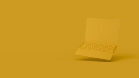 Minimalist 3D render of a floating laptop on solid yellow background.の写真素材