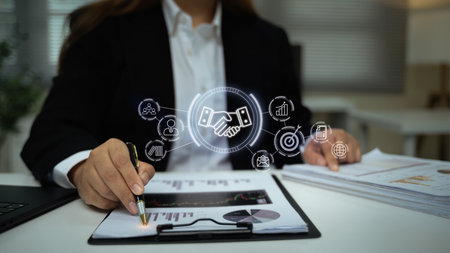 Corporate deal and contract signing with digital technology overlay for partnership and growth...