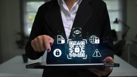 Digital identity protection and online security concept with encrypted QR code technology.