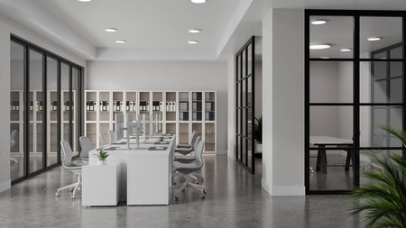 3D rendered modern office with rows of workstations, ergonomic chairs, and glass partition meeting...