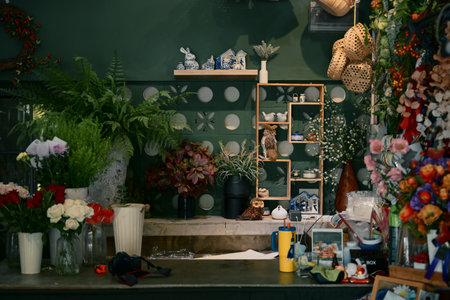 Cozy flower shop interior filled with plants, floral materials, and decorative crafts, creating a warm creative workspace.の写真素材