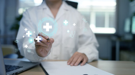 Doctor using digital medical futuristic interface icon healthcare and medical.