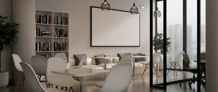 Relax conner in modern office interior with city scape, 3D rendering.
