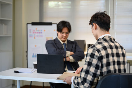 Interview concept, interviewer interview candidate apply for job at meeting room.の写真素材