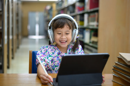 Photo set Asian little girl learning on tablet in library, smiling happiness.