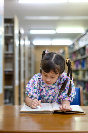 Photo set of a young girl reading aloud from a book with joy in a library.