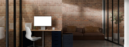 3D rendered Empty screen computer on workspace modern industrial design.の写真素材