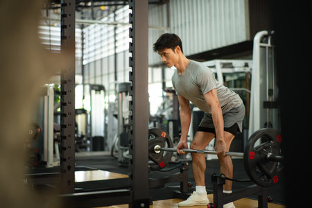 Photo set of sportive serious man lifting barbells in gym.