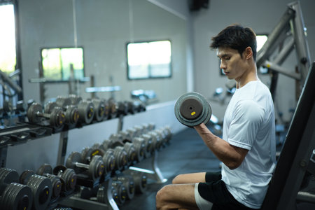 Strong man exercising in the sport gym, workout exercise training in fitness for body strong and...