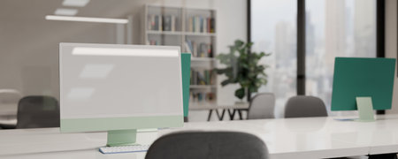 3D rendering New computer empty screen in modern office.
