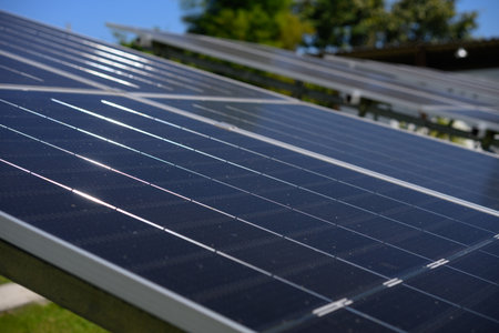 Closeup shot Solar panel with sunlight.の写真素材