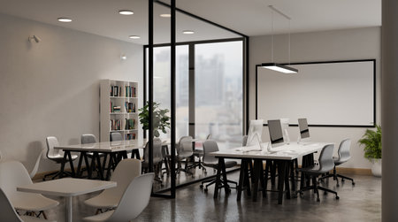 Modern white open space office interior with city scape 3d render.