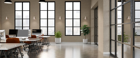 Bright Open-Plan Office Interior, City Skyline outside windows 3D render.の写真素材