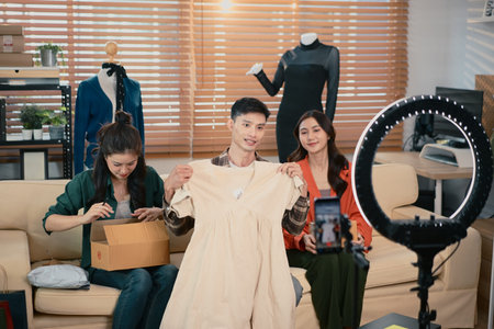 SME team presenting clothing product at home office, checking orders and packaging while preparing...