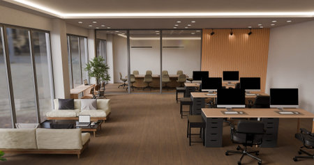 3D rendered birds eye view open office with rows of workstations, chairs, and glass partition meeting rooms.の写真素材