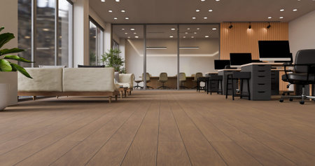 3D rendered low angle camera open office with rows of workstations, chairs, and glass partition meeting rooms.の写真素材