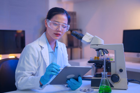 Female scientist using a microscope to analyze samples and writing on document.の写真素材
