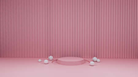 3D abstract studio room with pedestal podium. Pastel pink geometric platform with Fluted lines backdrop. Modern minimal scene 3d illustration for demonstration of cosmetic products. Showcase, Display case.の写真素材