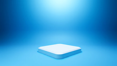 Empty Square white podium on blue background minimal for product display with copy space. Showroom shoot render. Banner background for advertise product. Abstract geometric shape object illustration renderの写真素材