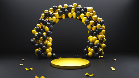 3D Balloon gate arc with black and gold balloons and podium isolated on black background for product photography birthday 3d illustration imageの写真素材