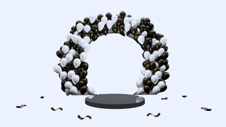 3D Balloon gate arc with white and black balloons and podium isolated on black background for product photography birthday 3d illustration imageの写真素材