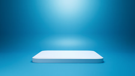 Empty white rectangular podium pedestal on blue background minimal for product display with copy space. Showroom shoot render. Banner background for advertisement. 3d illustration renderの写真素材