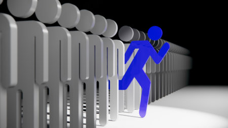 Human 3d blue stick figure standing out from crowd 3d illustration