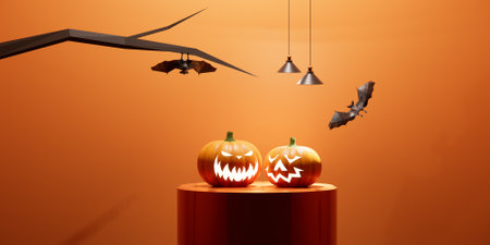 Spooky Haloween Pumpkins Jack O' Lanterns on Podium and flying bats on minimal abstract orange background, 3d rendering geometric shape,の写真素材