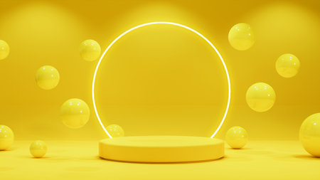 Yellow circular podium 3D render with minimal background and balls flying around 3D Illustrationの写真素材