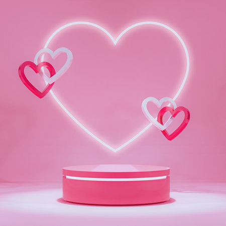 Valentines day podium with heart shaped light and icons 3D Illustration Digital renderの写真素材