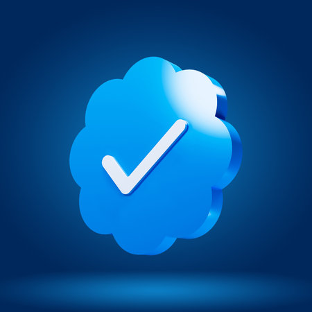 Verification badge icon on blue isolated background. Blue Check. 3D Illustrationの写真素材