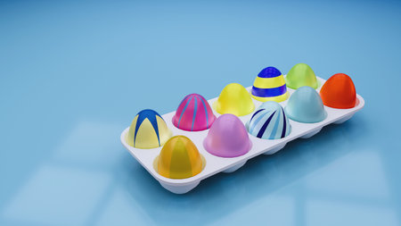 Colorful Easter eggs placed in an egg tray on blue background 3D Illustrationの写真素材
