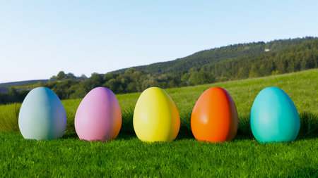Colorful easter eggs lying on grass with mountains in background sunny day 3D Illustrationの写真素材