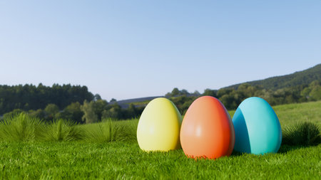 Colorful easter eggs lying on grass with mountains in background sunny day 3D Illustrationの写真素材