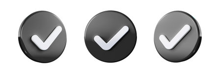 Black Tick Check mark 3D Icon. Right, Approval sign Rounded black icon 3D illustrationの写真素材
