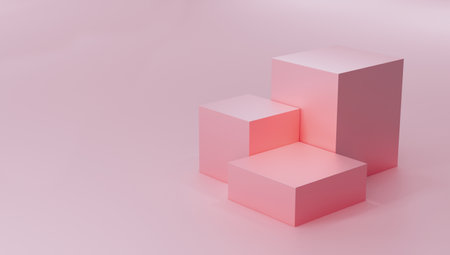 Pink pastel colored Cubes podium pedestal for product background on empty pink background 3d Illustrationの写真素材