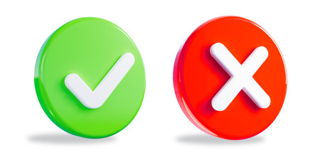 Right and wrong 3D Icons, acceptance and rejection concept. Red and green round icons buttons with a check mark and cross. 3d Illustration_2の写真素材