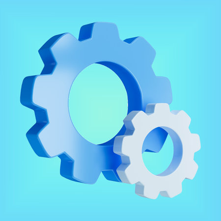 Realistic blue and white gears sign 3d Illustration icon on blue backgroundの写真素材