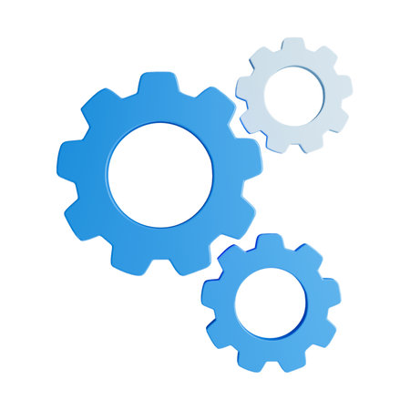 Realistic blue and white gears sign 3d Illustration icon on white backgroundの写真素材