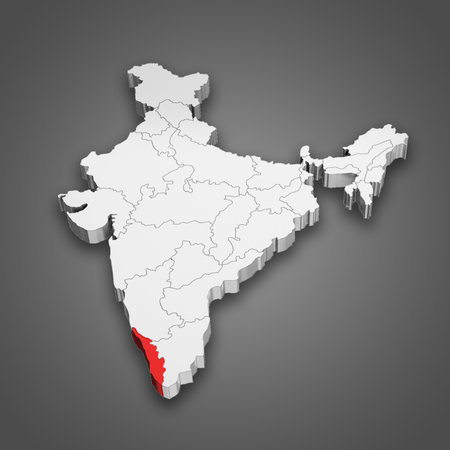 Kerala state location within India map. 3D Illustrationの写真素材