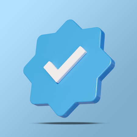 Profile verification check mark social media icon. Blue verified badge with checkmark sign isolated on blue background. Square image 3D illustrationの写真素材