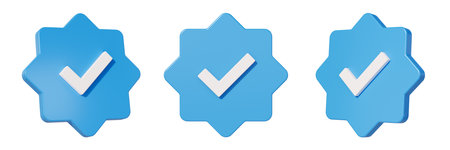 Profile verification check mark social media icon. Blue verified badge with checkmark sign isolated on empty background. 3D illustrationの写真素材