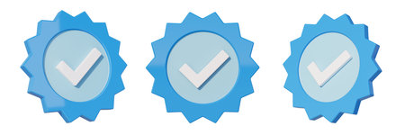 Profile verification check mark social media icon. Blue verified badge with checkmark sign isolated on empty background. 3D illustrationの写真素材