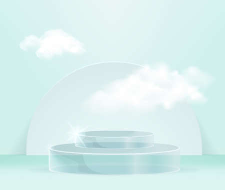 Studio room concept Transparent blue cylinder podium and cloud platforms for cosmetic product presentation. vector 3d illustration with geometric shapes.  minimal design with  Abstract modernのイラスト素材