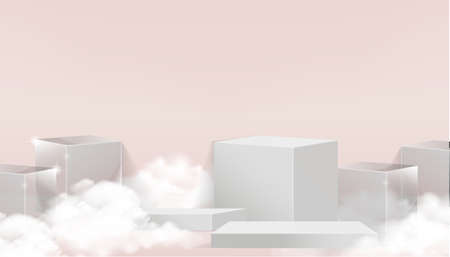 Minimal scene with white podium and cloud abstract pink background Scene Studio Or Pedestal For Display, Geometric shapes, shape product display presentation. 3D,Vectorのイラスト素材