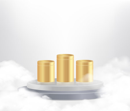 vector 3D shape product display presentation and white cloud for cosmetic product together with transparent pink glass backdropのイラスト素材