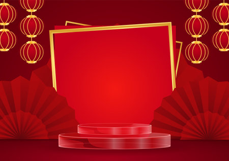 Chinese new year 2022 year on red background. Podium with golden border for product on red background, Chinese Theme, Saleのイラスト素材