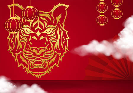 Chinese new year 2022 year of the tiger on red background. Podium with golden border for product on red background, Chinese Theme, Saleのイラスト素材