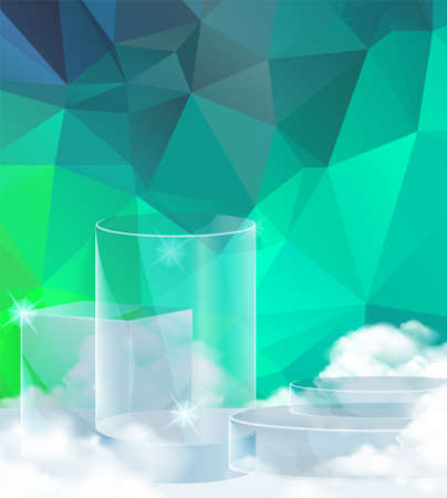 3D vector abstract podium, pedestal, plaque, cylinder steps of a round gold frame. The concept of minimalistic layout, empty space and space. Mock Up. on green background abstract polygonのイラスト素材